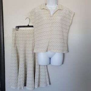 Alfred Weber Vintage Women's Two Piece Blouse Maxi Skirt Set Beige White Knit M